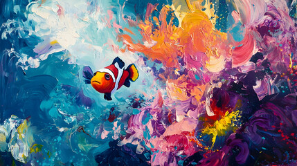 A vibrant orange and white clownfish swims in an abstract, colorful underwater environment.

