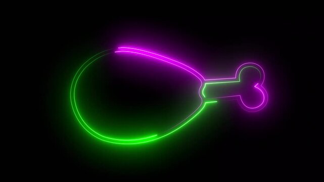 Neon line  fried chicken icon animation with green and magenta color on black background.