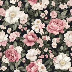 A Vibrant Floral Pattern Showcasing Pink and White Flowers on a Dark Background