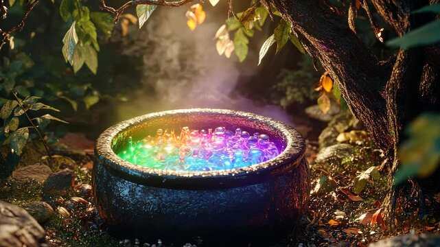 Colorful bubbling potion in a mystical forest during twilight hours with lush greenery surrounding it