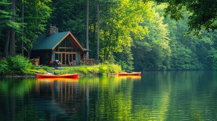 Obraz premium A serene riverside home with kayaks ready for adventure.