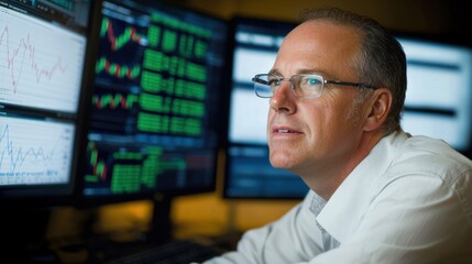 Focused Businessman Analyzing Stock Market Data on Multiple Screens