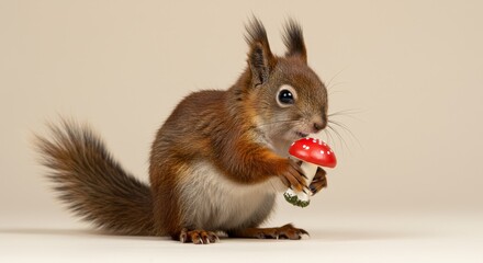Obraz premium Adorable Squirrel Holding a Mushroom - A cute red squirrel gently holds a small red mushroom, set against a beige background. Perfect for nature, wildlife, or autumn themes