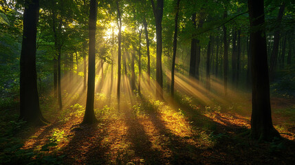Sunlight filters through the thick canopy, casting golden patterns on the forest floor.