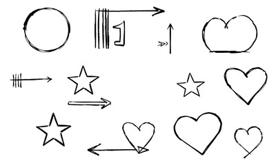 Hand drawn doodle sketches featuring various shapes including circles, stars, and hearts, along with directional arrows, create playful and creative vibe. These elements can be used for artistic
