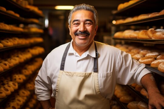 Portrait of a middle aged Hispanic worker in bakery