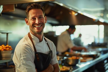 Portrait of smiling American chef in restaurant kitchen