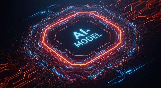 AI-Model Tech: A glowing futuristic abstract representation of an AI model, with a central hexagon surrounded by circuits. Captures the essence of technology and innovation.