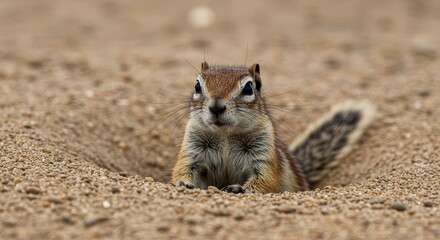 Fototapeta premium Curious Desert Chipmunk in Sand - A chipmunk peeks out of its sand burrow, looking directly at the camera. Its fur is light brown and gray