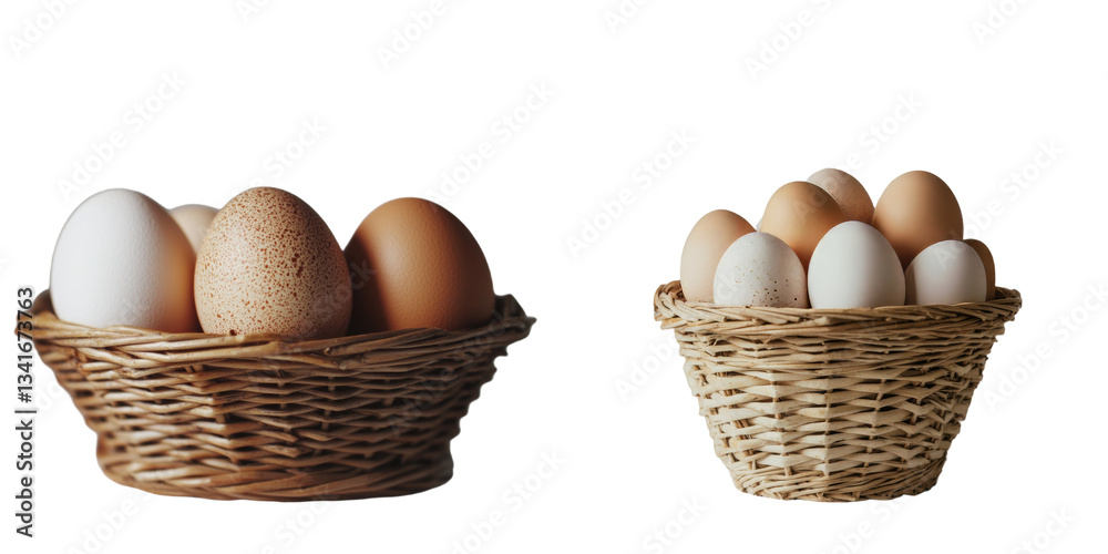 Poster image of brown wicker basket containing fresh organic eggs on a transparent background created by ge