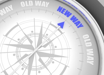 The needle of compass points to the words New Way ignoring the words Old Way , as a metaphor for improvement and development, mindset changing. 3D render