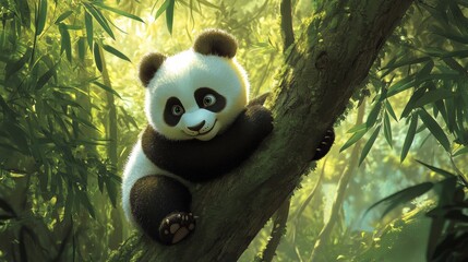 A panda cub climbing a tree in a lush bamboo forest