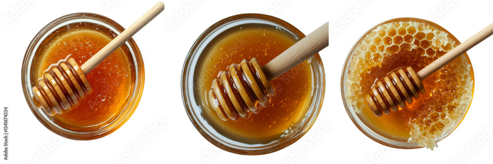 Poster Generative Ai has produced an image of a glass bowl with golden honey, isolated on a transparent background