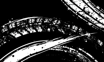 Obraz premium Tire texture with dynamic patterns and splashes creates energetic and bold visual. contrasting black and white design emphasizes movement and speed, perfect for automotive themes