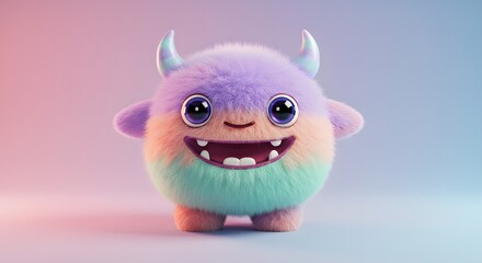 Cute Furry Monster Smiling with Horns on Gradient Pastel Background