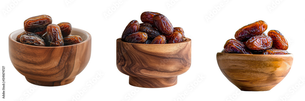 Aufkleber isolated on a transparent background is a wooden bowl containing dried dates, generated by ai