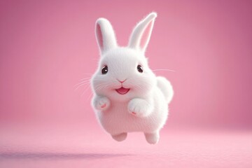 Obraz premium A cute 3D rendered fluffy white bunny character hops joyfully against a soft pink background, perfect for Easter promotions, spring-themed designs, or children's events.