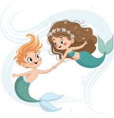 Two cheerful young mermaids with vivid tails swim together in clear blue water.