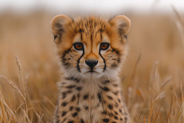 Obraz premium A baby cheetah is standing in tall grass