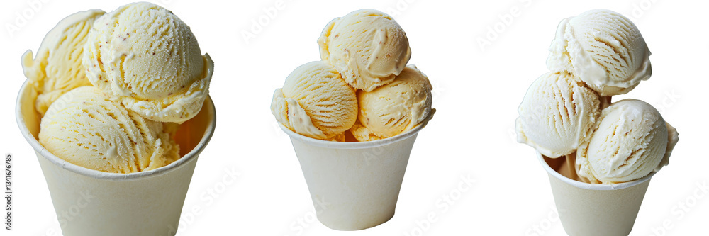 Poster Generative Ai has produced an image of a white cup holding scoops of ice cream, isolated on a transparent background