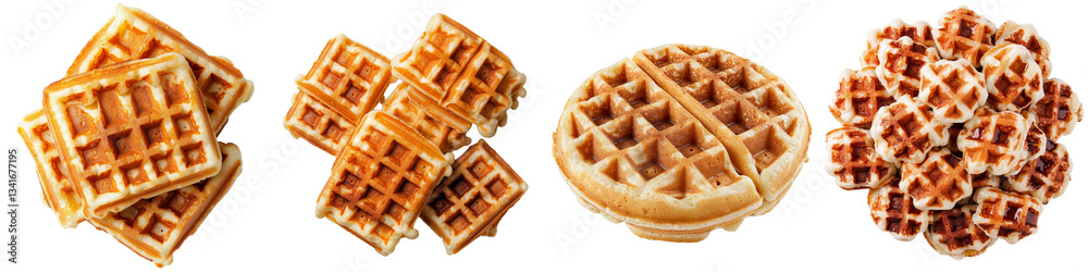 Poster Golden brown waffles, stacked and isolated, are presented on a transparent background using Generative Ai