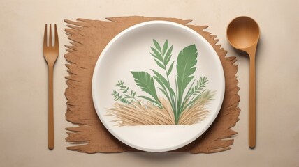 Biodegradable tableware on a natural material background.