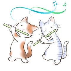ネコがフルートでデュエットをしているイラスト
