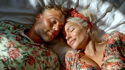 "A couple lying in bed wearing floral pajamas."
