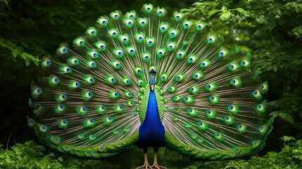 Obraz premium A vibrant peacock displays its colorful feathers in a lush green setting, showcasing nature's beauty.
