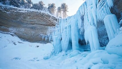 A frozen waterfall with ice and snow. The ice and snow create a beautiful and tranquil scene - Powered by Adobe
