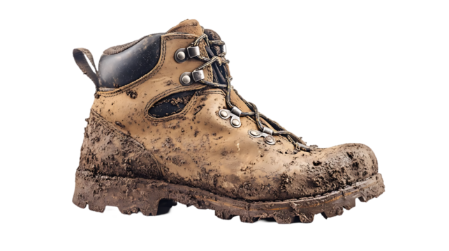 Mud covered hiking boot displayed in a side view