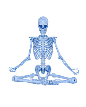 skeleton is doing a relaxing namaste yoga pose