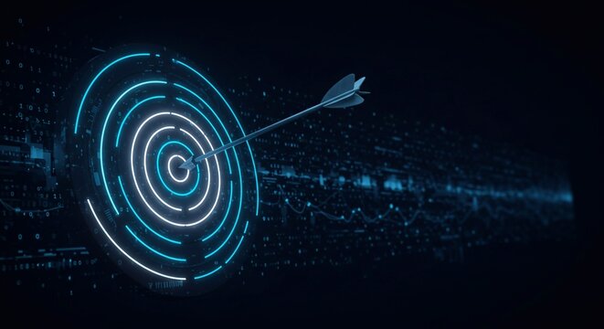 Hit the bullseye. Virtual digital target with arrow in the center. Abstract futuristic illustration with dark blue tech background.