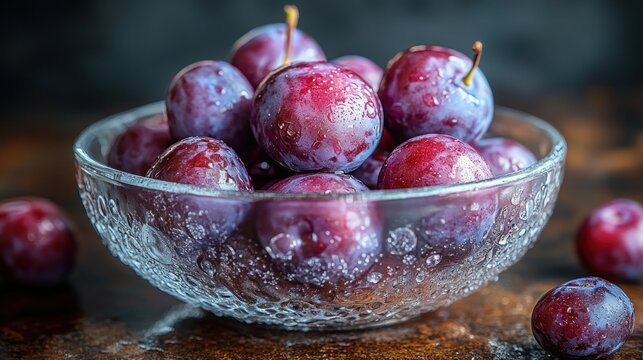 Fresh plums in a glass bowl on a table - Powered by Adobe