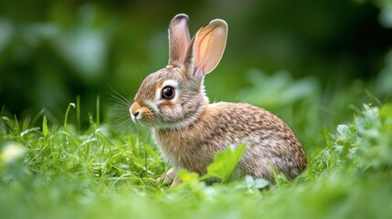 A wild rabbit hopping through a field of fresh green grass