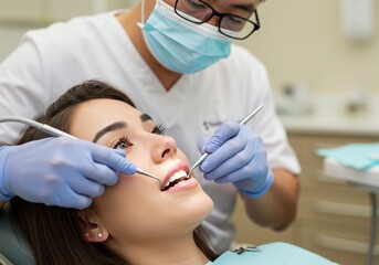 Beautiful young woman undergoing routine dental check-up by a professional doctor