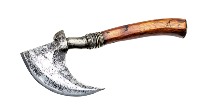 Close up shows old chopping knife with wooden handle