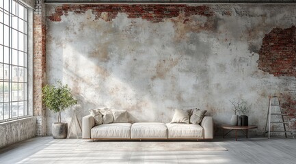 Industrial loft interior with beige couch and sunlight