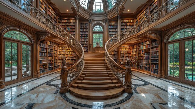 This image showcases a lavish library featuring ornate wooden architecture, large windows, and a grand staircase surrounded by bookshelves, evoking a sophisticated atmosphere.