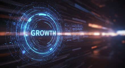 Obraz premium Illuminating the Path to Growth: A captivating digital interface showcases the word 'growth' at its core, suggesting expansion and progress in business and technology.
