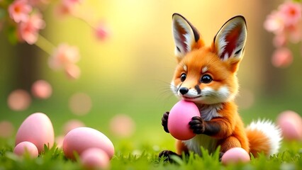 Obraz premium Cute realistic fox holding a pink egg in light spring forest, festive setting during Easter celebration, copy space