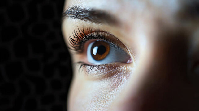 Closeup of a beautiful brown eye with long eyelashes woman eyes girl face look gaze iris skin macro