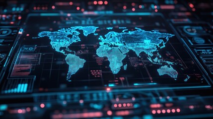 Fototapeta premium A holographic world map projected from a futuristic control panel, symbolizing global technology and AI intelligence.