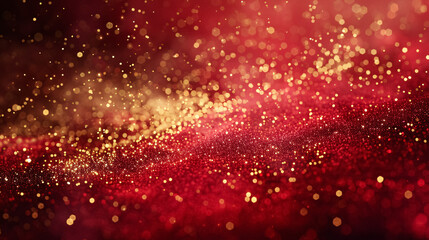 Red liquid with tints of golden glitters. A red background with a scattering of gold sparkles. Magic galaxy of golden dust particles in red fluid with burgundy tints.