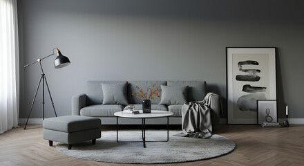 modern scandinavian style room with grey fabric couch and round coffee table 