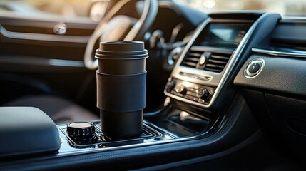A travel mug filled with coffee on the car's center console