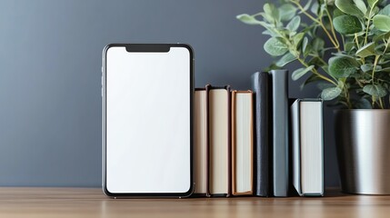 Mobile phone blank white screen mockup in writer's office with books and notes.