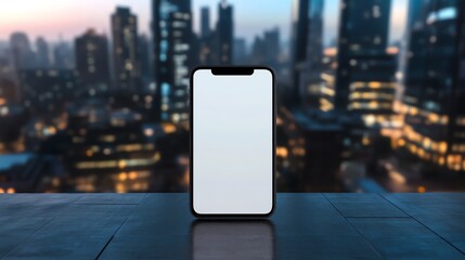 Mobile phone blank white screen mockup in rooftop workspace with cityscape background.