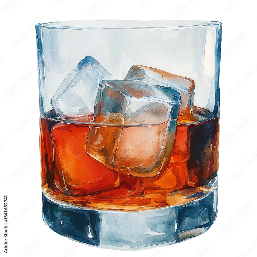 Aufkleber A glass of whiskey with ice cubes is set against a transparent backdrop, created using Generative Ai