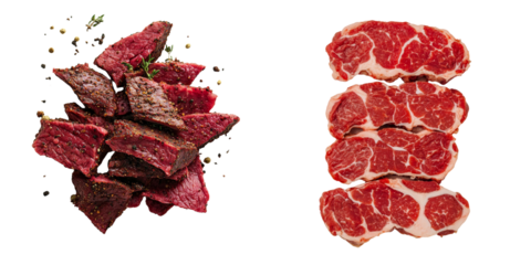 On a transparent background raw marbled beef slices are shown isolated and made with Generative Ai
